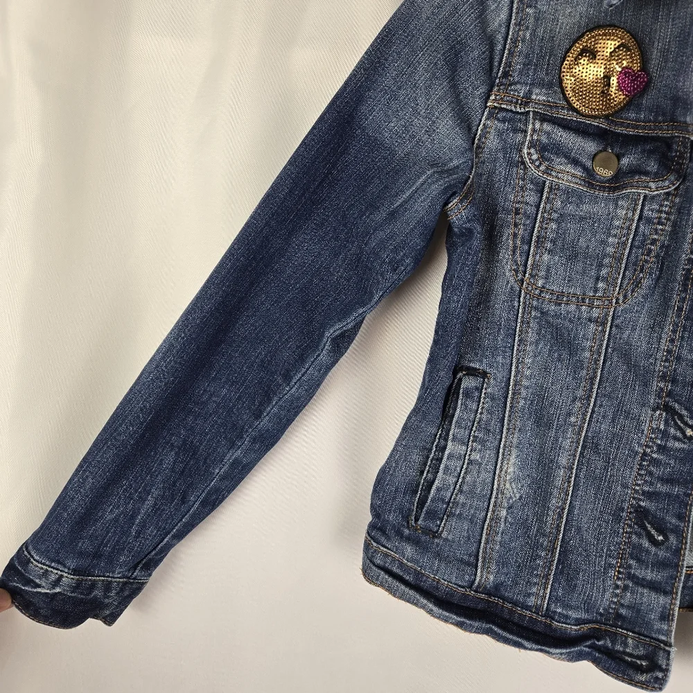 Gap Kids Blue Denim Jean Jacket Girls Size XL With Sequin Emoji Pins